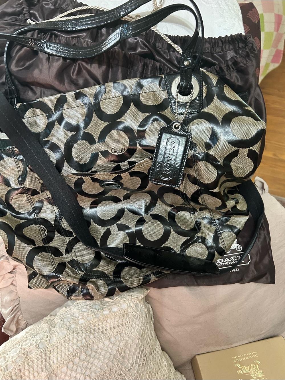 Coach Black and Silver Signature Tote with Leather Tag